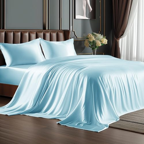 BEDELITE Satin-Bettwäsche-Set für Queen-Size-Bett, luxuriös, weich, hellblau, seidig, für Haar und Haut, ähnlich wie Seide, 4-teilig (1 Spannbettlaken mit tiefen Taschen, 1 Bettlaken und 2