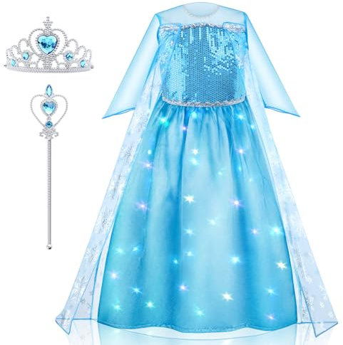 AYBUY LED Lumineux Robe Princesse Fille, Robe Princesse Fille, LED Robe Reine des Neiges avec Couronne et Sceptre, Princesse Déguisement Reine Halloween Noël Partie Carnaval Neiges Cosplay, 110CM