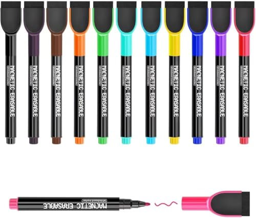 DumanAsen12 Pcs Magnetic Whiteboard Pens with Erase, Fine Point Dry Erase Markers Perfect For Writing on Whiteboards, Dry Erase Boards (Multicolor)