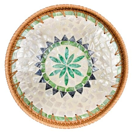 SAVOSWEET Rattan Serviertablett Rund, Dekotablett Boho, Rattan Tablett Rund 30 cm, Rundes Tablett Mosaik, Dekoratives Serviertablett für Getränke, Frühstück, Tee, Kerzen, Schmuck (Stil A)