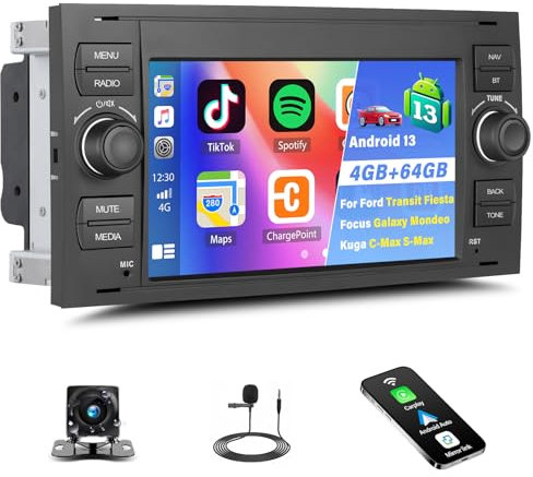 SIXTOP[4G+64G] Android 13 Autoradio für Ford Transit Fiesta Galaxy Fusion Kuga C-Max S-Max mit Carplay Android Auto,7“ Touchscreen Radio mit Bluetooth EQ GPS WiFi FM/RDS +Rückfahrkamera &Mic