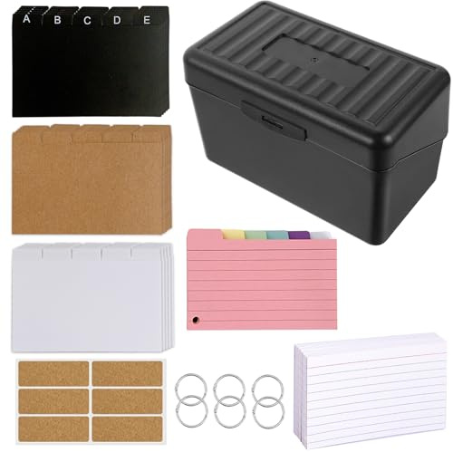 Schwarz Karteikasten Set, Karteikarten Box, Lernkarteibox mit Bunt Liniert, 15 Register, 6 Ringen, 6 Aufkleber, Karteikartenbox für Unterwegs Lernen, Notizen, Vokabel, Schulsachen, Büro, Zuhause