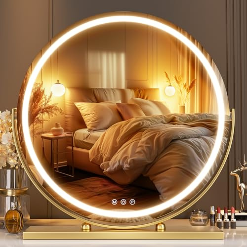 Hasipu LED Kosmetikspiegel Rund 60x60cm, Schminkspiegel mit Beleuchtung, Dimmbar 3 Lichtmodi, Touch-Spiegel mit Memory-Funktion, 360°-Drehung, Gold Rahmen für Schminktisch
