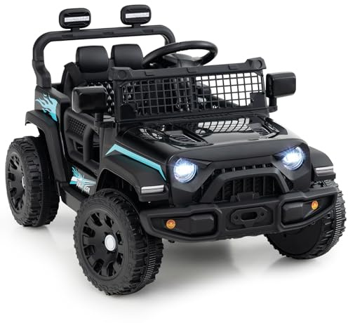 COSTWAY 12V Kids Ride on Car, 2 Motors Electric Off Road Truck with Remote Control, LED Lights, Music & Horn, Battery Powered Ride on Toy for 3+ Years Old Boys Girls (Black)