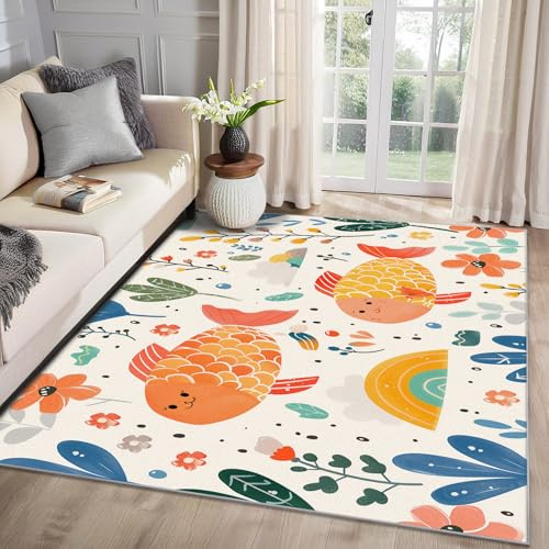 MMYAOKEN Fisch Teppich Wohnzimmer 60x90 Kinder Cartoon Blumen Deko, Kleiner Teppich Kurzflor, Weich rutschfest Waschbare Teppiche, Fußmatte Bettvorleger Schlafzimmer Kinderzimmer