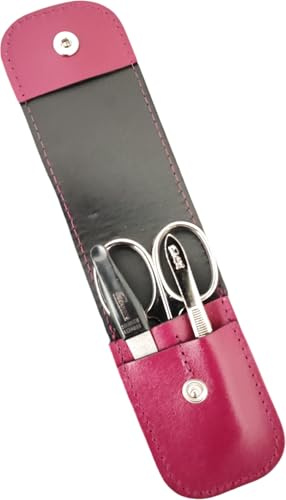 3-teiliges Solingen Maniküre Set mit Leder Etui, Nagelschere, Feile, Pinzette, Made in Germany (Magenta)