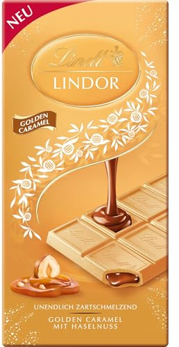 Lindt Schokolade | LINDOR Golden Caramel, 100g Tafel, Geschenk | Vollmilch Schokolade, Karamell, Haselnuss-Stückchen, zartschmelzend, zum Teilen & Verschenken, Genussmomente
