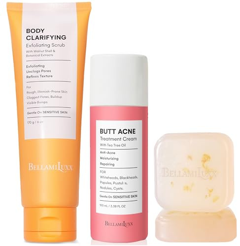 BellamiLuxx 3-teiliges Set gegen Pickel am Po – Lotion, Klärende Seife & Körperpeeling für Po, Oberschenkel & Rücken – Bei Hautunreinheiten, verstopften Poren & rauer Haut – Peelen, Reinigen & Glätten