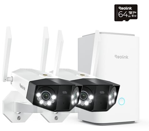 Reolink Duo 3 WiFi x2 mit Home Hub, 16MP Wi-Fi 6 Überwachungskamera Aussen WLAN mit 180° Panoramablick, Bewegungsspur, WLAN Kamera Outdoor, 30m Farbnachtsicht, KI-Erkennung, inkl. 64 GB microSD-Karte