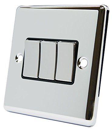 AET CPC3GSWIBC Polished Chrome Classical Black Insert Metal Rocker Switches-10 Amp Triple 3 Gang 2 Way Light Switch, 240 V