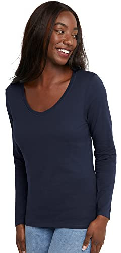 Hanes Women's Originals Long Sleeve Cotton T-Shirt, Lightweight V-Neck Tee, Modern Fit, Navy, XL