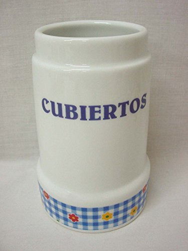 BOTE CUBERTERO ESCURRE CUBIERTOS CERAMICA SIN CUBIERTOS GRANDE PORCELANA FLOR VICHY AZUL
