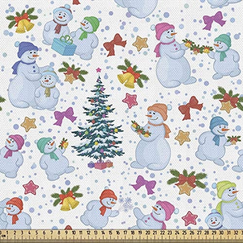 ABAKUHAUS Weihnachten Gewebe als Meterware, Schneemann Pines Robbons, Schön Gewebten Stoff für Polster und Wohnaccessoires, 1M (148x100cm),Mehrfarbig