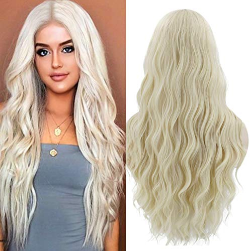 Perücke Blond Damen Lang Locken für Frauen Damen Kostümparty Karneval Halloween Cosplay Natürlich Aussehende Synthetische Mittelscheitel Perücken Wig 019D
