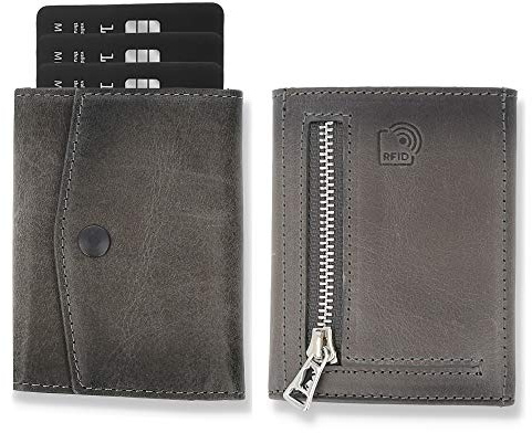 Solo Pelle® Leder I Slim Wallet mit Münzfach I Geldbeutel mit RFID Schutz I Platz für mindestens 12 Karten I Mini Portemonnaie für Herren und Damen I Geldbörse (Steingrau, mit Münzfach)