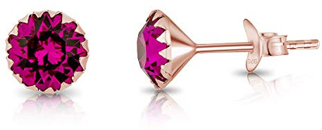 DTPsilver® Pendientes Pequeños - Pendientes Mujer Plata de Ley 925 Chapados en Oro Rosa con Cristales Swarovski® Elements - Pendientes Oro - Diámetro: 6 mm - Pendientes Fucsia