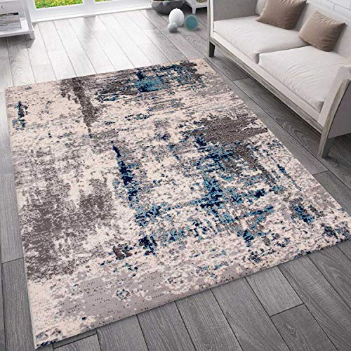 VIMODA Teppich Abstrakt Vintage Look Wohnzimmer Kurzflor Teppich läufer Blau, Maße:120x170 cm