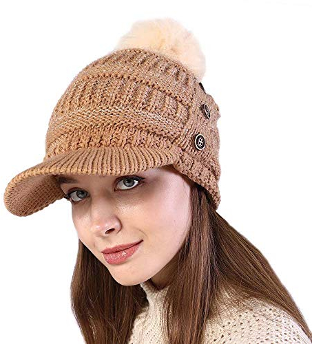 GUMONI Winter Warme Dick Schirmmütze Damen Fleece Gefüttert Bommelmütze Gestrickte Strick Mütze mit Groß Pompon 3 Knöpfe als Dekoration Khaki