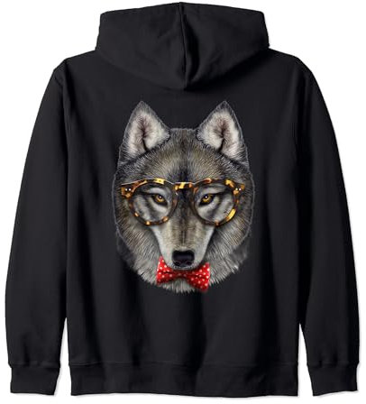 Grauer Wolf, die klassische Brille und Fliege trägt Kapuzenjacke