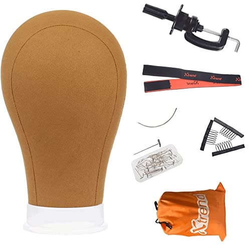 XTREND 23 Poly Canvas Block Head Professional Brown Mannequin Canvas Head for Making/Drying/Styling Wigs with Table Clamp Stand and T Pins