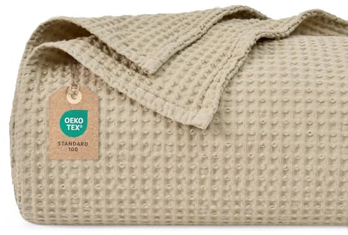 PHF 100% Baumwolle waffledecke Kuschedecke 230x270cm, leicht & atmungsaktiv, perfekt für das ganze Jahr - Oeko-TEX® Zertifiziert - Hotelwäschequalität - Ideal für Sofa Couch Bett, Khaki