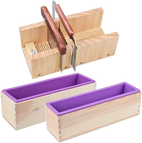 Silicone Soap Molds, 5 Pcs Rectangular Wooden Silicone Soap Mold Set with Wood Soap Cutter Mold and Wavy & Straight Planer Cutting Tool Set for DIY Soap Cake Making (Style 1)