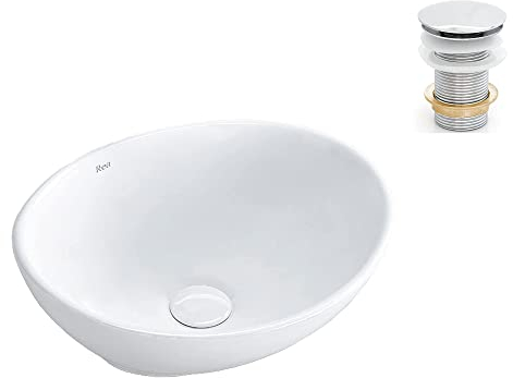 VBChome Waschbecken Kleine + Pop-up Click-Clack Chrom 34 x 27 x 13 cm Mini Keramik Weiß Oval Waschtisch Handwaschbecken Aufsatzwaschbecken Waschschale Gäste WC