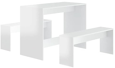 vidaXL Essgruppe 3-TLG. Sitzgruppe Esstisch Tisch Tischgruppe Bank Esszimmerbank Esszimmergruppe Esszimmergarnitur Tischset Hochglanz-Weiß Holzwerkstoff