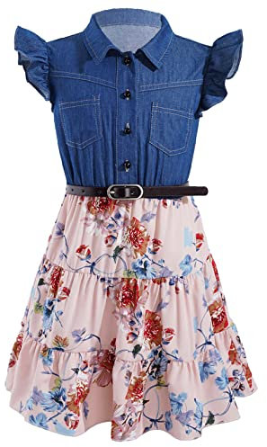 ranrann Enfant Fille Robe Fleurie Bohème sans Manches Volant Robe Plage Plissée Vacances Eté Casual 5-14 Ans Rose 8 Ans