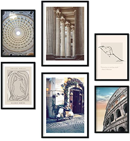 Nacnic Satz von 6 Bilder Vintage Rom. Ästhetische Wandkunstdrucke für Schlafzimmer oder Wohnzimmerdesign. Größen A3 & A4. Mit schwarzer Rahmen.