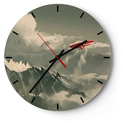 Modern Wanduhr Rot Flugzeug Berge 40x40cm Rund Groß Wand Uhr Glas Analog Zimmeruhren Küche Büro Wohnzimmer Glasuhr Wall Clock Dekoration Design Wanddekoration Küchenuhr C3AR40x40-4854