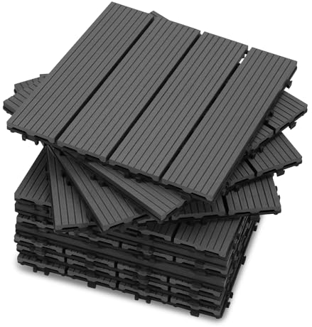 Ikodm WPC Terrassenfliesen, 55 Stück 30x30 cm Balkon Bodenfliese, Gartenfliesen mit Klick-System, Bodenbelag mit Drainage, Balkon Boden Anthrazit in Holzoptik, 5 m²
