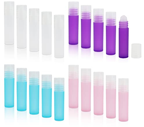 Huakaile 20pcs Colorful Essential Oil Roller Bottles with Lids, Frosted Roll on Bottles Refillable, Perfume Sample Roller Bottles Empty for Travel, Aromatherapy, Lip Gloss Balms (5ml)