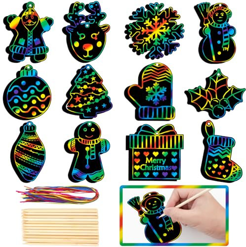 GOMANCHE 36 Stück Weihnachten Kratzbilder, Kratzpapier Bastelset, Weihnachtsmann, Schneemann, Weihnachtsbaum, Weihnachtsstrumpf DIY Regenbogen Magie Kratzpapier Ornamente für Party Favor Urlaub Dekor