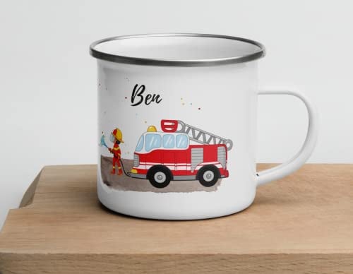 Kinder Emaille Tasse Bagger /Baustelle /Feuerwehr personalisierte Tasse mit Namen Feuerwehr geschenke kinder Trinkbecher Kindertasse mit Namen Trinkbecher für Mädchen und Jungen, Weiß