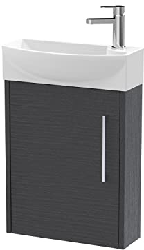 Hudson Reed JNU2261L Juno Compact Modern Cloakroom Wall Hung 1-Door Unit with 1 Tap Hole Left Hand Basin, 440mm, Woodgrain Graphite Grey