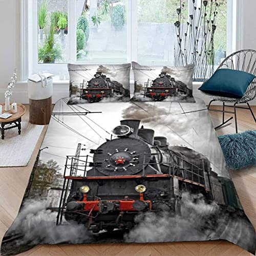 Bettwäsche 135×200 3D-Digitaldruck 3-teilig Retro-Dampfmaschine Bettwäsche-Sets Kinder Mikrofaser mit Reißverschluss Eisenbahnrauch Soft Jungen Mädchen Bettwaren Bettbezug mit 2 Kissenbezug 80x80 cm