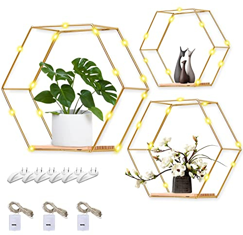 3 Stück Wandregal Mit Lichtleiste - Hexagon Metall Gold Ohne Bohren für Wanddeko In Flur, Wohnzimmer, Schlafzimmer, Badezimmer