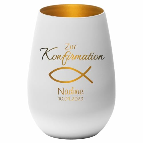 4you Design Windlicht Fisch mit Namen, Datum graviert (Metall-Weiß-Gold) Geschenk zur Konfirmation, Teelichthalter für Patenkinder, Personalisierte Geschenkidee