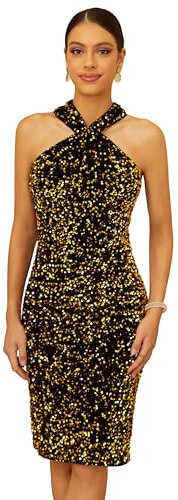 GRACE KARIN Damen Glitzer Kleid Knielang Pailletten Kleid Neckholder Festlich Samtkleid Cocktailkleid Partykleid Schwarzes Gold L