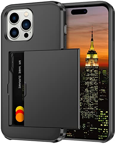 Coolden for iPhone 15 Pro Max Case with Card Holder Armor Shockproof Case Heavy Duty Protective Case Hard Back Soft TPU Bumper Card Slot Wallet Case Cover for iPhone 15 Pro Max Phone Case (Black)