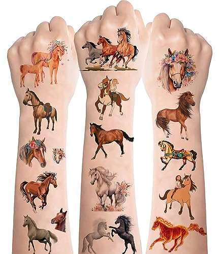 Pferde Tattoos für Kinder,8 Blätter Hautfreundliche Pferde Kinder Tattoo,Wasserdichte Temporäre Pferde Kindertattoos Sticker für Jungen Mädchen Mitgebsel Kindergeburtstag Festival Party Deko