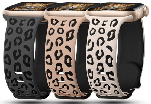 SL-MT-DGBK Armbänder mit Leoparden-Gravur, kompatibel mit Apple Watch, für Damen, 42 mm, 44 mm, 45 mm, 46 mm, 49 mm, weiches Silikon, Gepardenprägung, Sportarmband für iWatch Serie 10, 9, 8, 7, 6, 5,