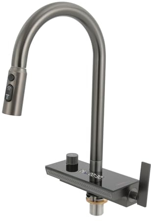 Robinet de cuisine cascade avec douche extensible, mitigeur de cuisine avec affichage de la température, robinet de cuisine eau chaude, corps de valve rotatif à 360°