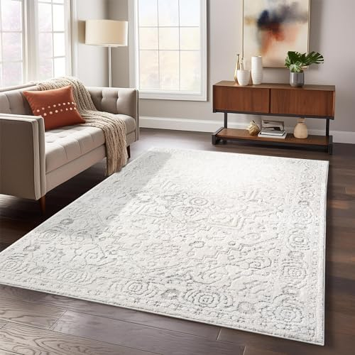 payé Teppich Wohnzimmer - 120x170cm Creme Hochtief Struktur Flachflor - Ornamte Muster Boho Wohnteppich