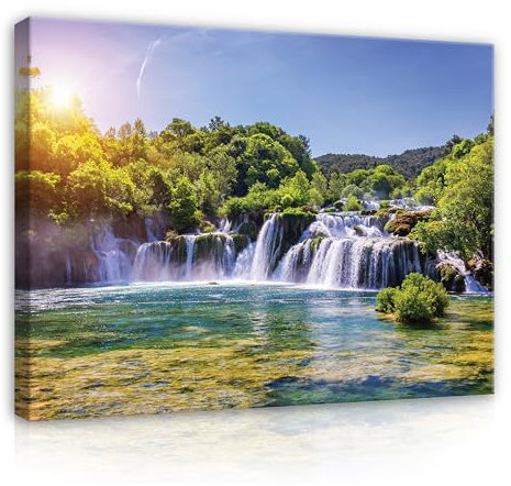 WallArena - Leinwand Bilder - Wasserfall Natur grün Landschaft - 100x75 cm Leinwandbilder - Bild auf leinwand - Wandbild XXL groß Wandbilder für Wohnzimmer Schlafzimmer Wohnzimmerbilder Modern