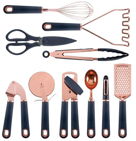 Cook with Color Kitchen Gadget Set Copper Plated Stainless Steel Utensils with Soft Touch Handles, Copper Navy, 10 Pieces