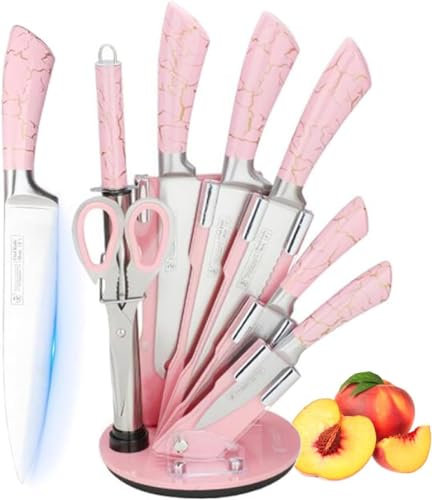 Pink Kitchen Knife Set, 8 Pieces Non-Stick Coated Chef Knives Block Set, Ultra Sharp Stainless Steel Knife Set for Kitchen with Sharpener for Cutting Chopping Slicing Dicing (Pink)