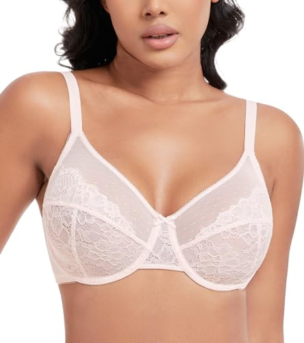 DotVol Women's Unlined Lace Full Coverage Wired Minimizer Bra | Elegant Mesh Lace, Soft Breathable Cup, Lightweight Material, Everyday Bra, Plus Size, No Padding, No Bulk