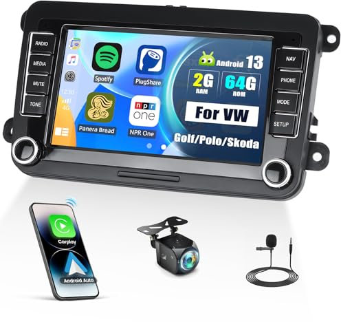 2G+64G CAMECHO Android 13 Autoradio für VW Golf 5 Polo Skoda mit Carplay Android Auto,7 Zoll Doppel Din Auto Radio Touch Display mit GPS WiFi Bluetooth FM/RDS Mirror Link SWC + Rückfahrkamer&MIC